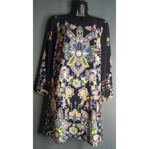 Ann Taylor LOFT Knee Length Black Colorful Floral Print Dress BOHO Chic Size XS - Picture 2 of 12